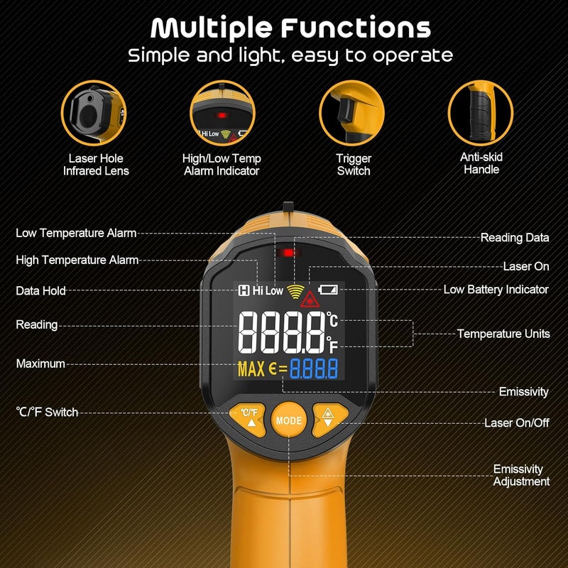 SQECH Infrared Thermometer Gun, Laser Thermometer Gun -58℉～1112℉(-50℃～600℃),Non-Contact Temperature Gun with Adjustable Emissivity&Color Backlight for Cooking, Pizza Oven,BBQ,Fridge,Engine,HVAC(Yellow) - Image 2